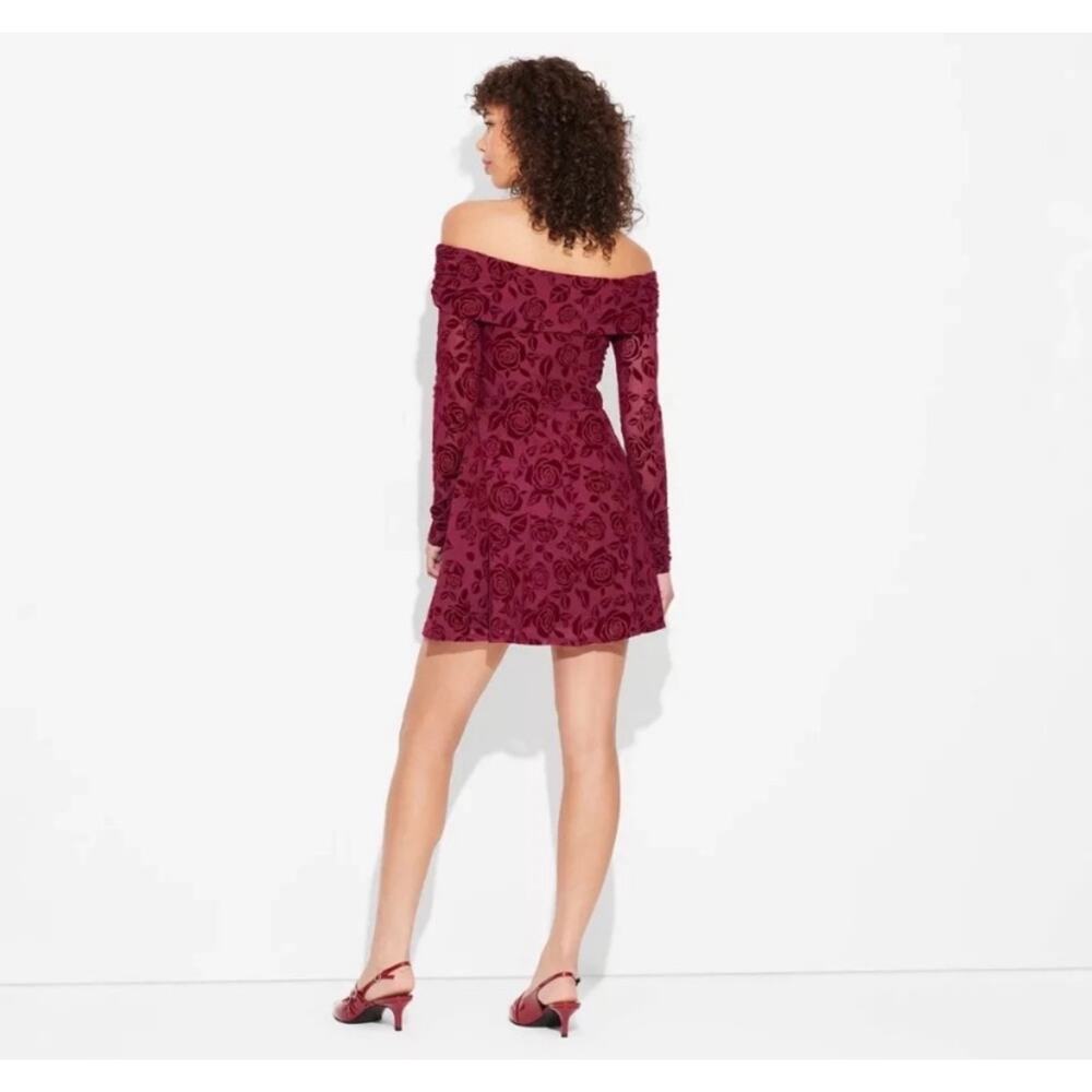 Wild Fable Floral Burn Out Off Shoulder Long Sleeve Dress Size XS NWT Burgundy - Picture 4 of 8